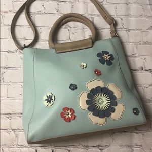 Floral Relic bag, blue leather w/leather flowers